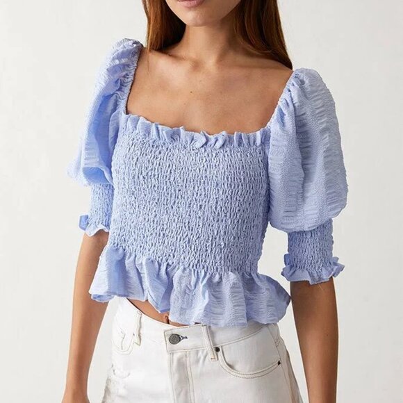 En Saison Women's Smocked Puff Sleeve Green Blouse- Size S - Picture 8 of 9